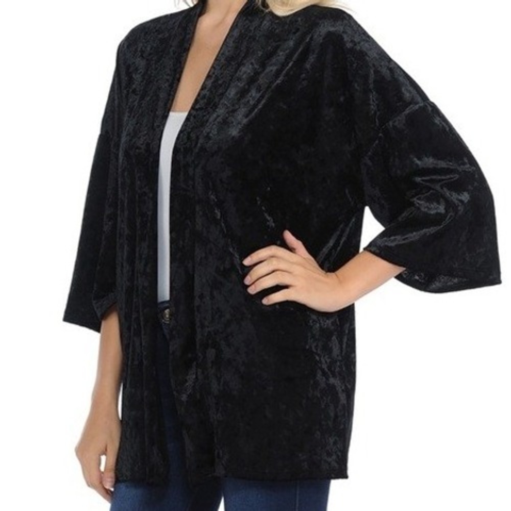 Pleione Black Crushed Velvet Open‎ Front Kimono Cardigan Jacket Topper Small